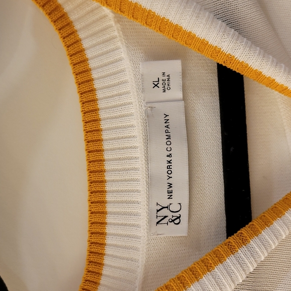 Just reduced! New York&Company Mustard and White Short Sleeve Sweater and Skirt - Picture 3 of 8